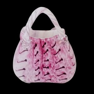 Handblown Glass Purse Murano Style Vase 9" Purple Pink Art Twisted Handles